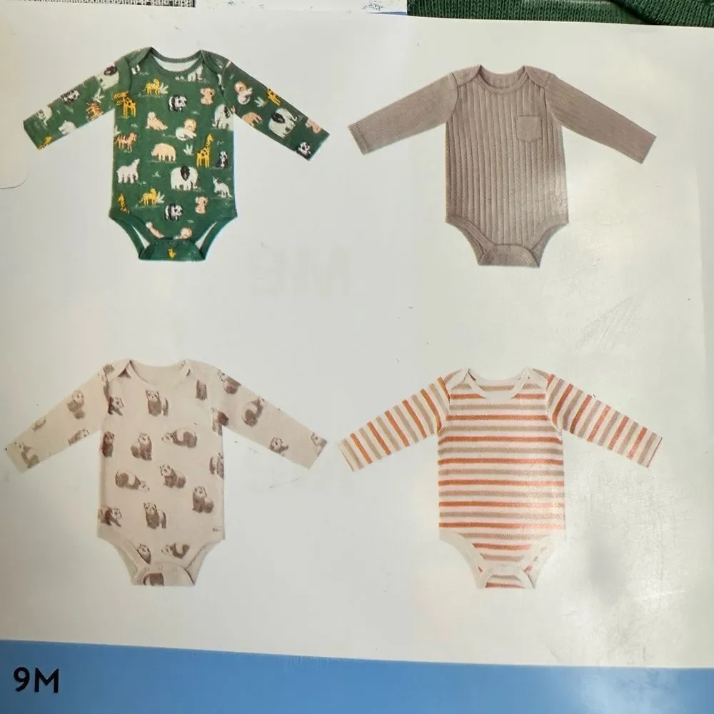 NWT Members Mark Baby 4 Cotton Long Sleeve Bodysuits Green Cream Pink - Size 9M